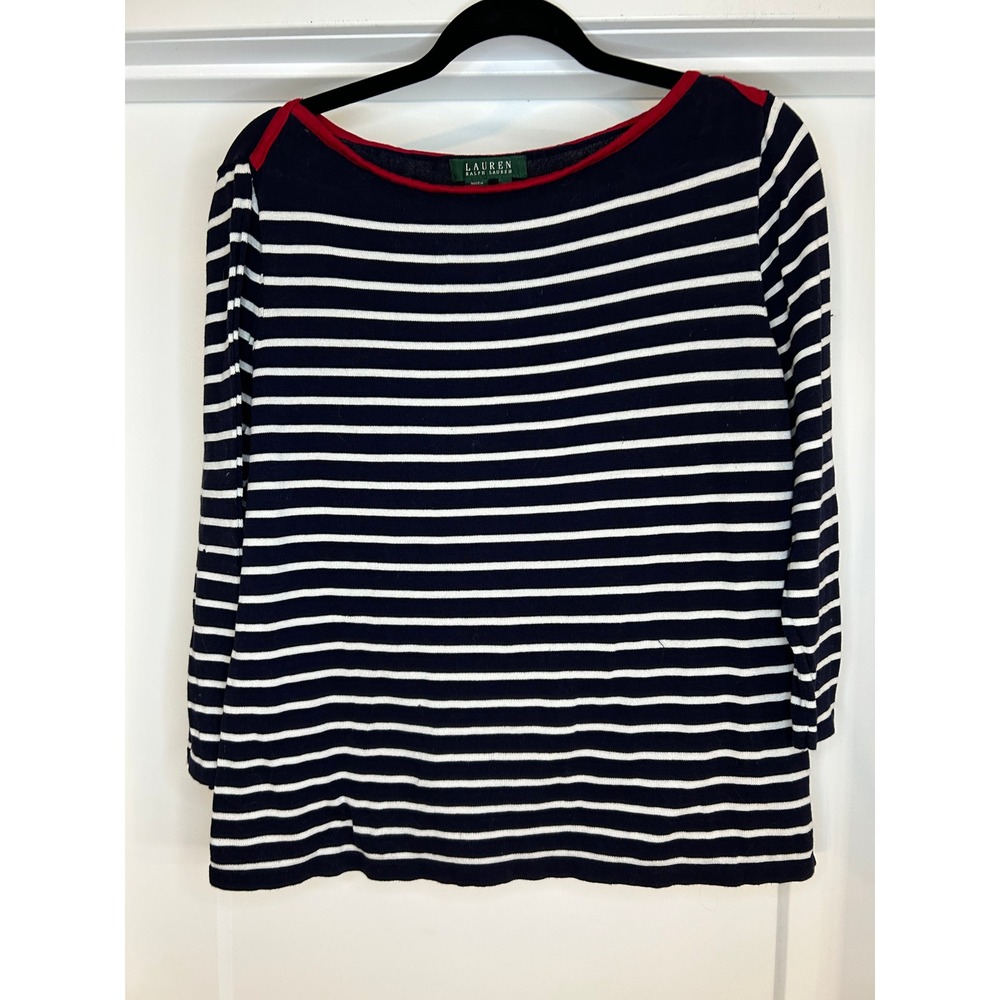 Lauren Ralph Lauren Navy White Striped Cotton Boat Neck Top XL 3/4 Sleeve